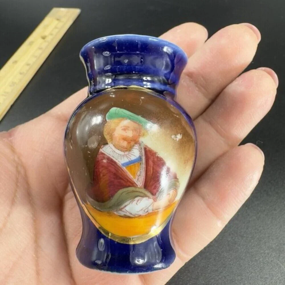 Antique Hand Painted Portrait Porcelain Small Miniature Vase‎ Cobalt Blue VTG